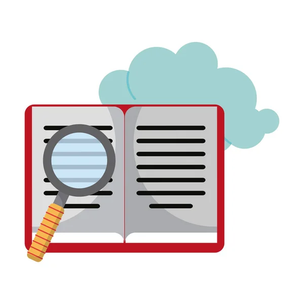 Book and magnifying glass with cloud — Stock Vector