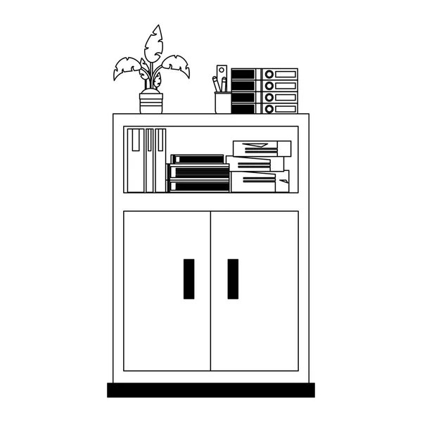 Cabinet avec livres et pot de plantes en noir et blanc — Image vectorielle