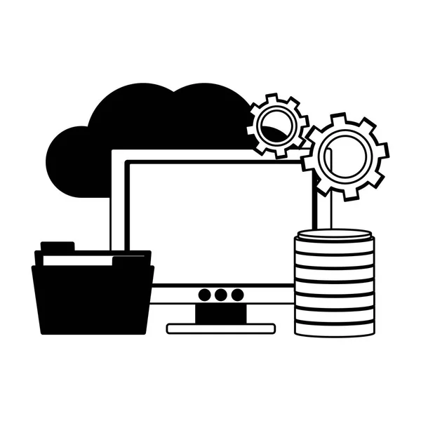 Computer with folder in cloud in black and white — Stock Vector