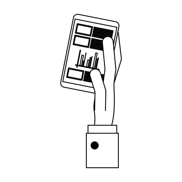 Gráfico de negócios mão segurando no smartphone preto e branco — Vetor de Stock