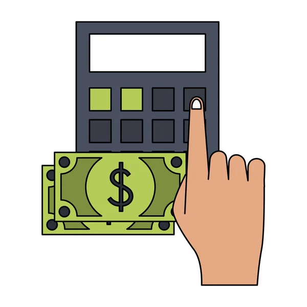 Mão com calculadora e dinheiro — Vetor de Stock