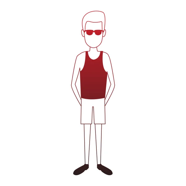 Joven hombre ropa deportiva con gafas de sol líneas rojas — Vector de stock