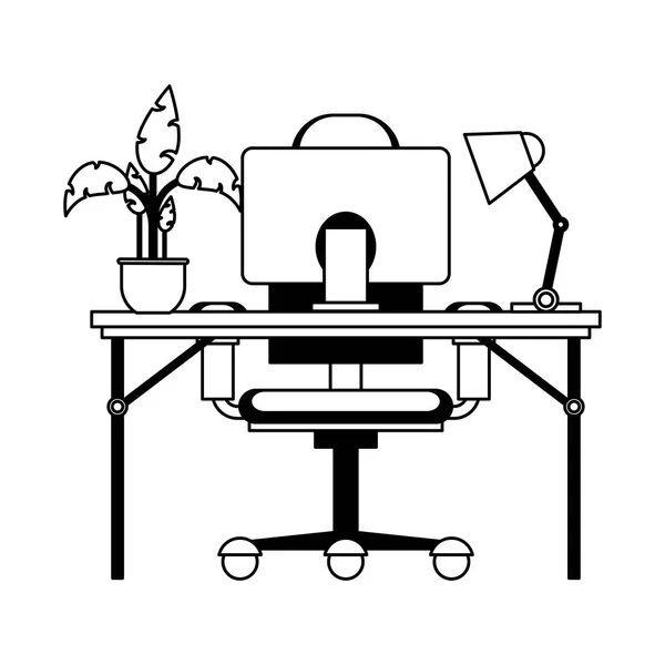 Office with computer in black and white — Stock Vector