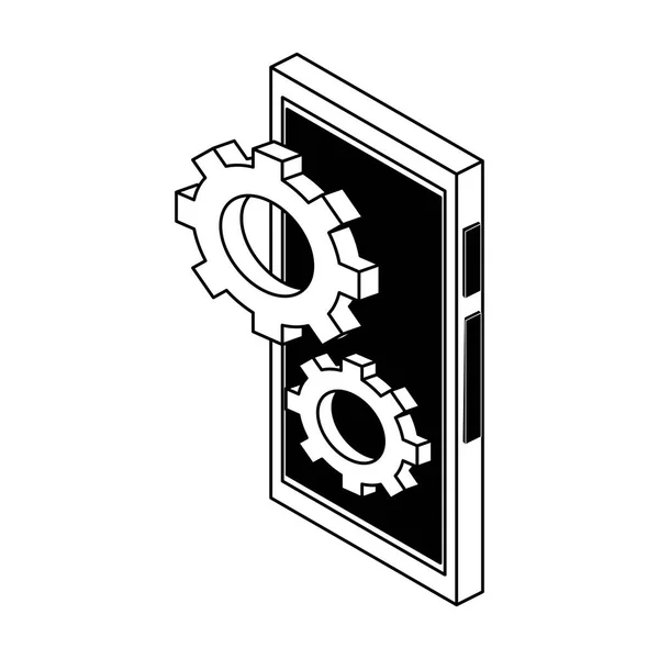 Zahnräder auf Smartphone isometrischem Symbol in schwarz-weiß — Stockvektor