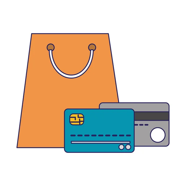 Bolso de compras y tarjetas de crédito líneas azules — Archivo Imágenes Vectoriales