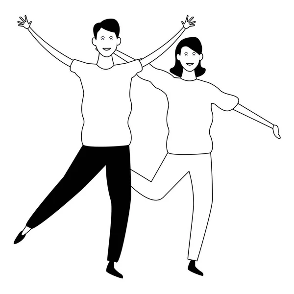 Paar hat Spaß und tanzt in Schwarz-Weiß — Stockvektor