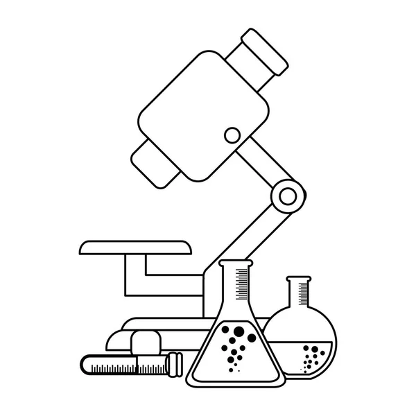 Mikroskop und Chemiekolben in Schwarz-Weiß — Stockvektor