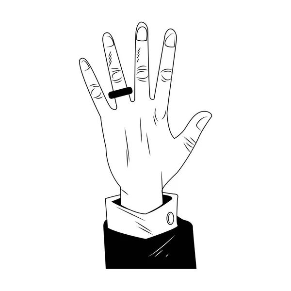 Mano masculina con anillo de boda pop art en blanco y negro — Vector de stock