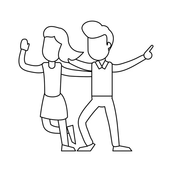 Pareja bailando y sonriendo en blanco y negro — Vector de stock