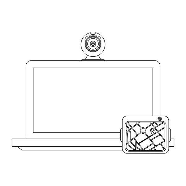 Φορητό υπολογιστή με την κάμερα και το gps σε μαύρο και άσπρο — Διανυσματικό Αρχείο