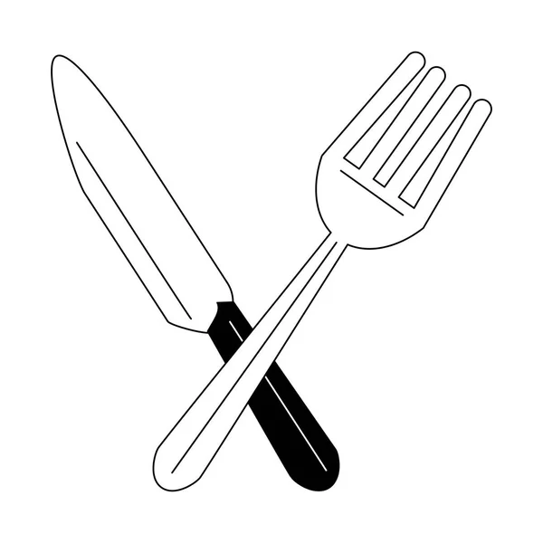Cuchillo y tenedor cruzados en blanco y negro — Vector de stock