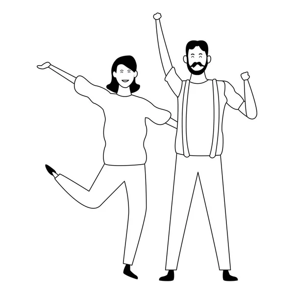Casal se divertindo e dançando em preto e branco — Vetor de Stock