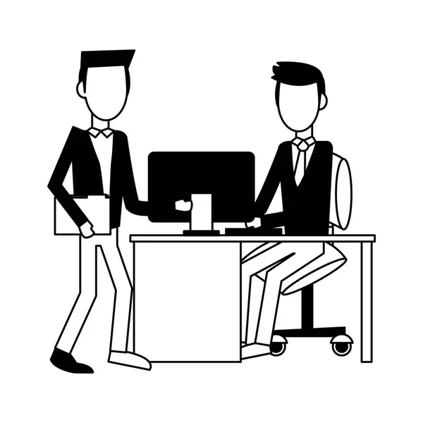 Businessmens talking at office in black and white — Stock Vector