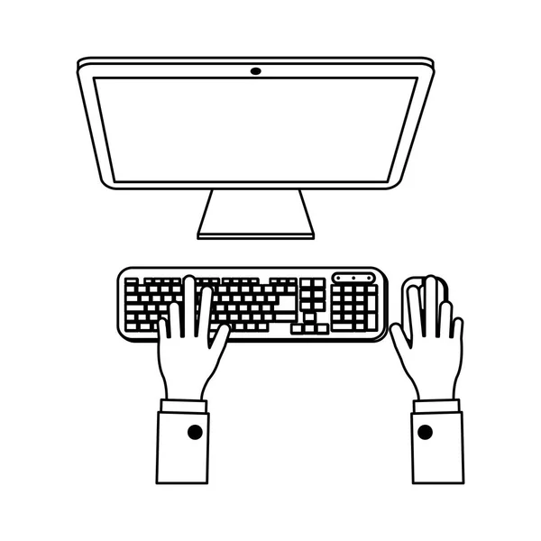 Businessman mains de travail sur ordinateur noir et blanc — Image vectorielle