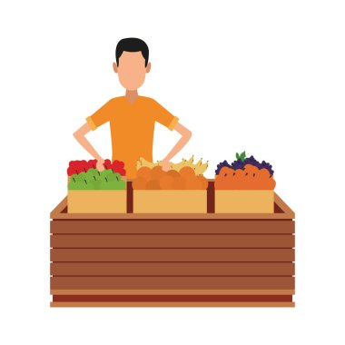 Yiyecek ahşap kutular üzerinde olan adam