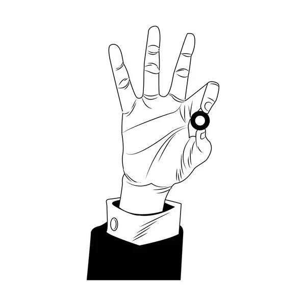 Mão masculina segurando anel de casamento pop art em preto e branco — Vetor de Stock