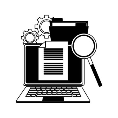 Laptop ile belgeler ve Büyüteç camı siyah beyaz