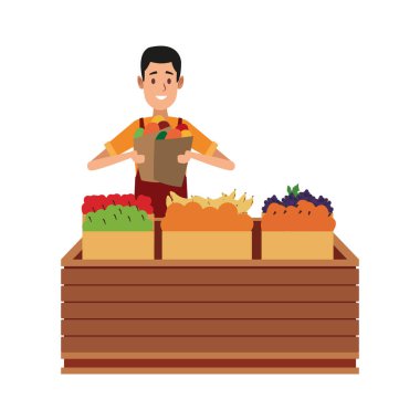 Yiyecek ahşap kutular üzerinde olan adam