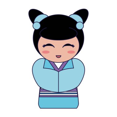 Sevimli Japon kız kimono mavi çizgili