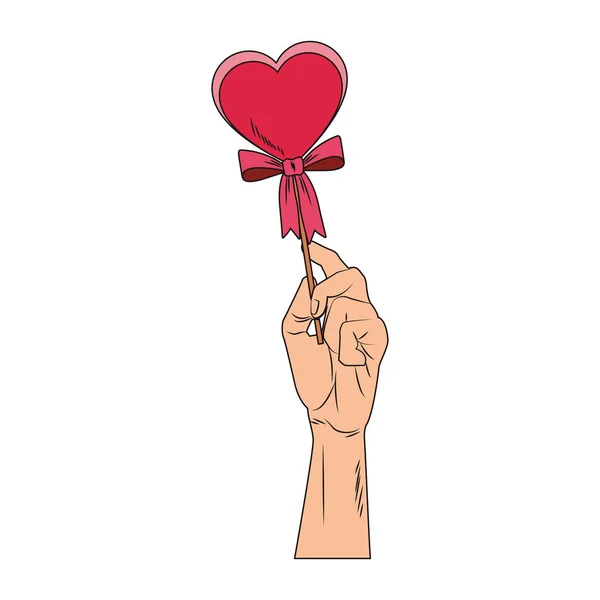 Hand holding heartshape lollipop pop art — Stock Vector