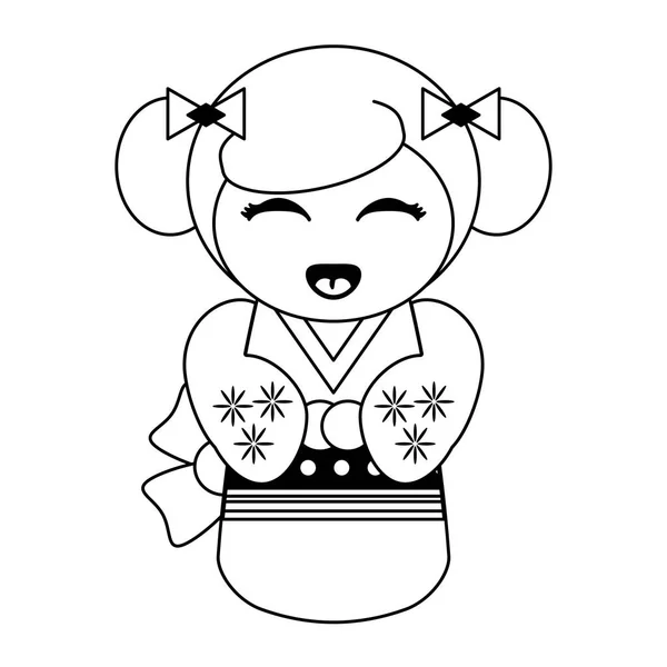 Cute japanese girl with kimono black and white — Stock Vector