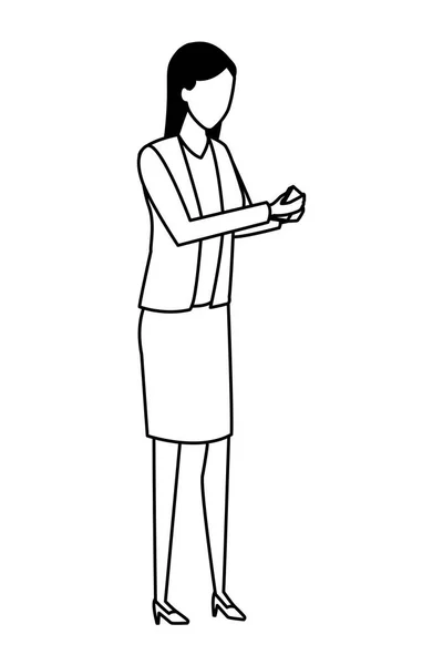 Mujer de negocios usando dibujos animados de teléfonos inteligentes en blanco y negro — Vector de stock