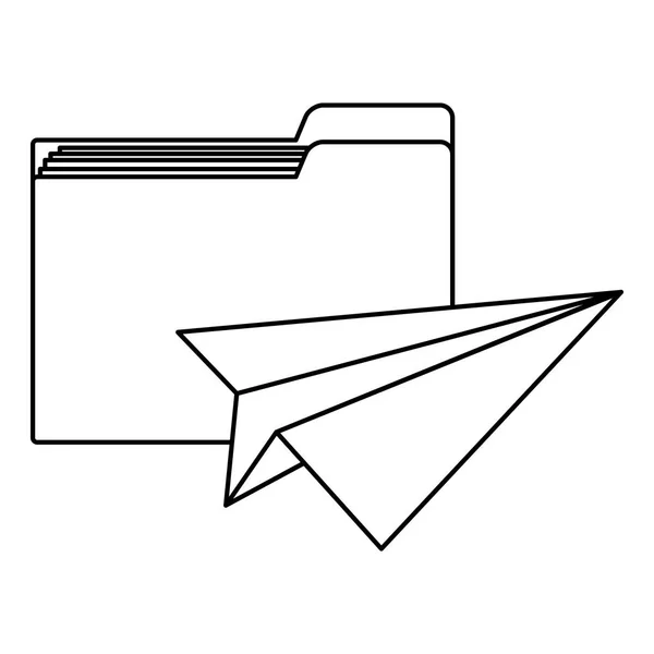 Documents folder and paper plane black and white — Stock Vector