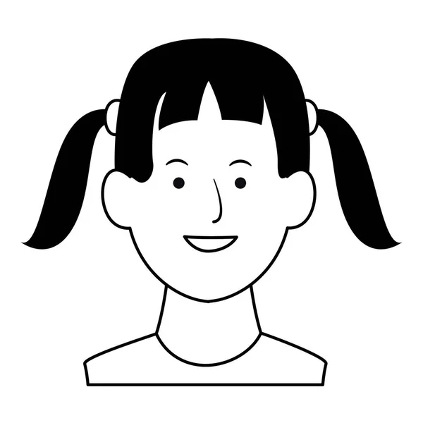 Chica sonriendo y saludando dibujos animados en blanco y negro — Vector de stock