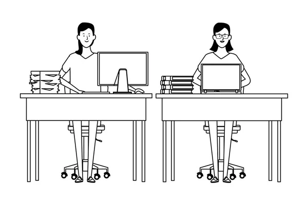 Mulheres em uma mesa de escritório preto e branco —  Vetores de Stock