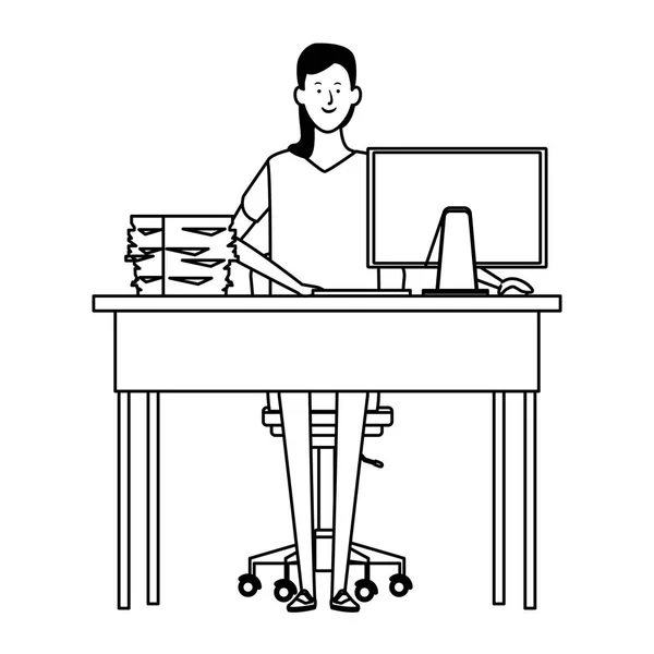 Frau im Schreibtisch schwarz-weiß — Stockvektor