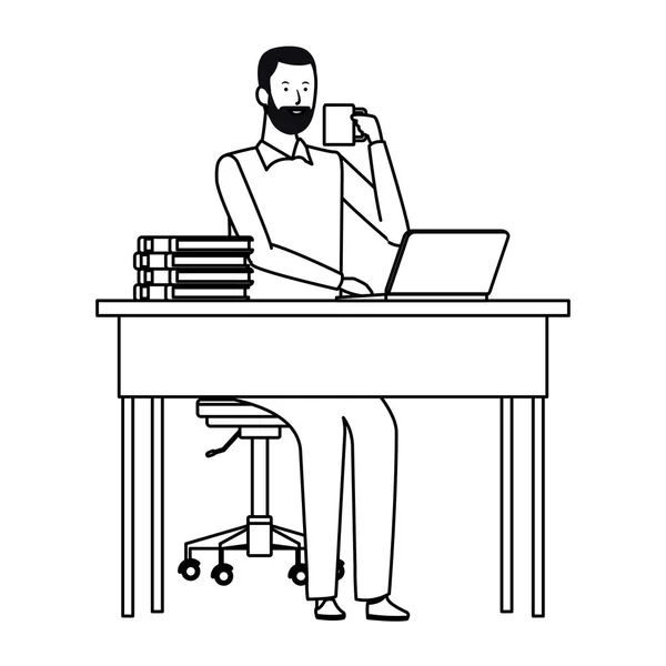 Ο άνθρωπος σε ένα γραφείο γραφείο μαύρο και άσπρο — Διανυσματικό Αρχείο