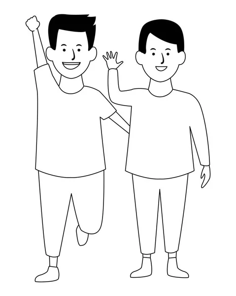 Twee kinderen glimlachend cartoons in zwart-wit — Stockvector