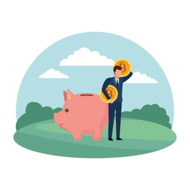 Bitcoins ve piggy ile işadamı