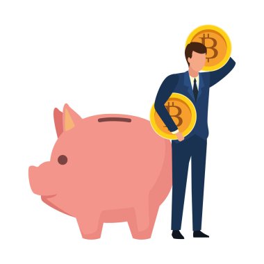 Bitcoins ve piggy ile işadamı