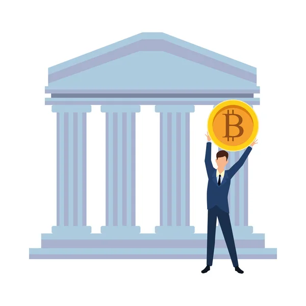 Empresario con bitcoin en edificio bancario — Vector de stock