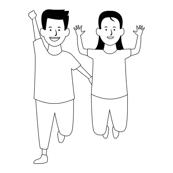 Dos niños sonriendo dibujos animados en blanco y negro — Vector de stock