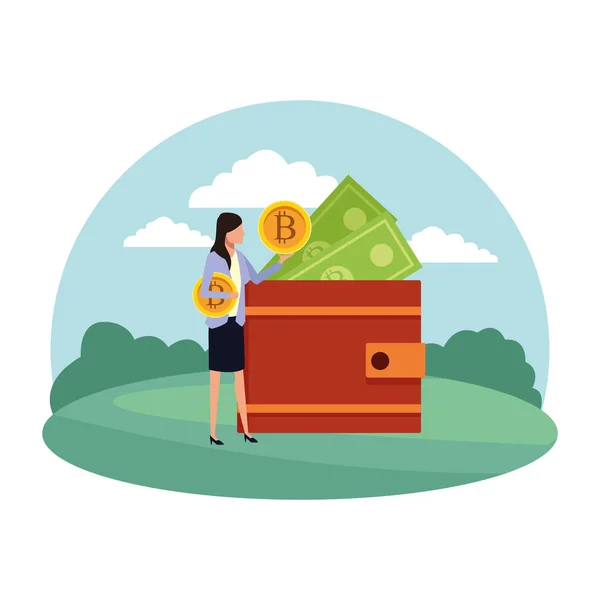 Mujer de negocios con billetera bitcoins — Vector de stock