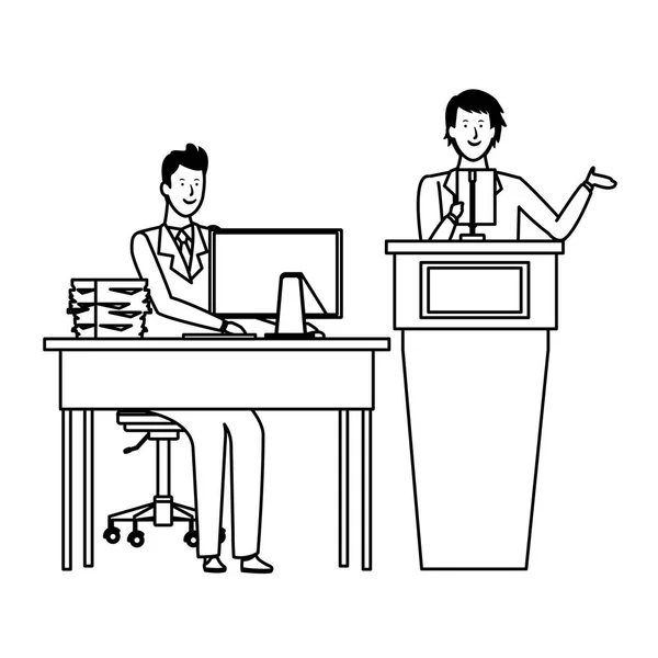 Men in a podium and office desk black and white — Stock Vector