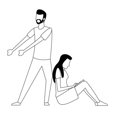 İş arkadaşları ekip çalışması karikatür siyah beyaz