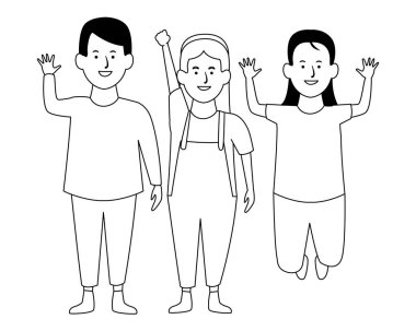 İki çocuk çizgi film siyah ve beyaz olarak gülümseyen