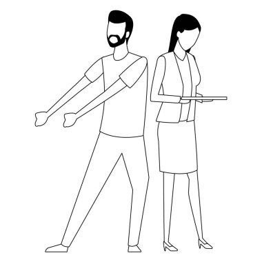 İş arkadaşları ekip çalışması karikatür siyah beyaz