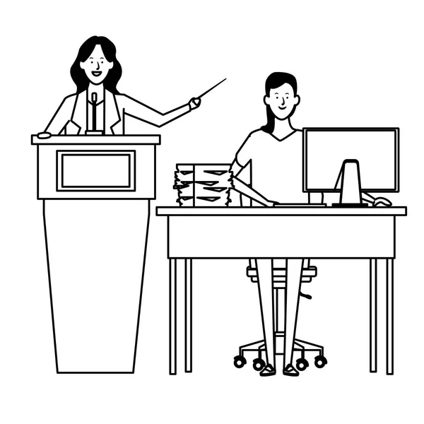 Mujeres en un podio y escritorio de oficina en blanco y negro — Vector de stock