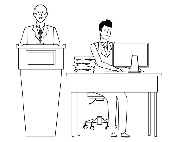 Homens em um pódio e mesa de escritório preto e branco — Vetor de Stock