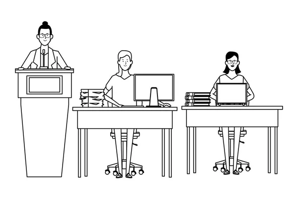 Люди в подиуме и письменном столе черно-белые — стоковый вектор