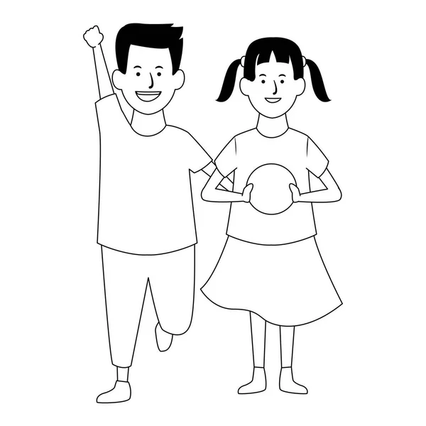 Dos niños sonriendo dibujos animados en blanco y negro — Vector de stock