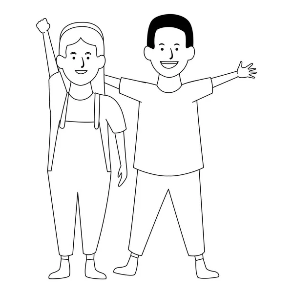 Двоє дітей посміхаються мультфільми в чорно-білому — стоковий вектор