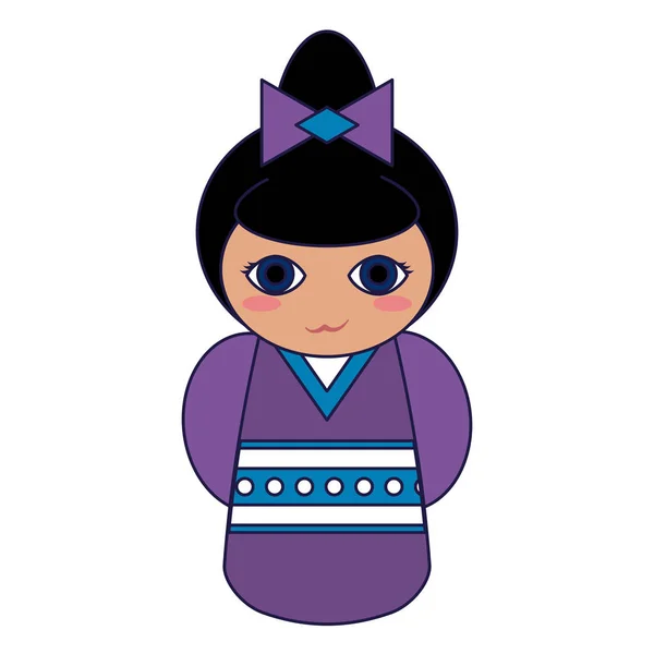 Gadis Jepang lucu dengan kimono garis biru - Stok Vektor