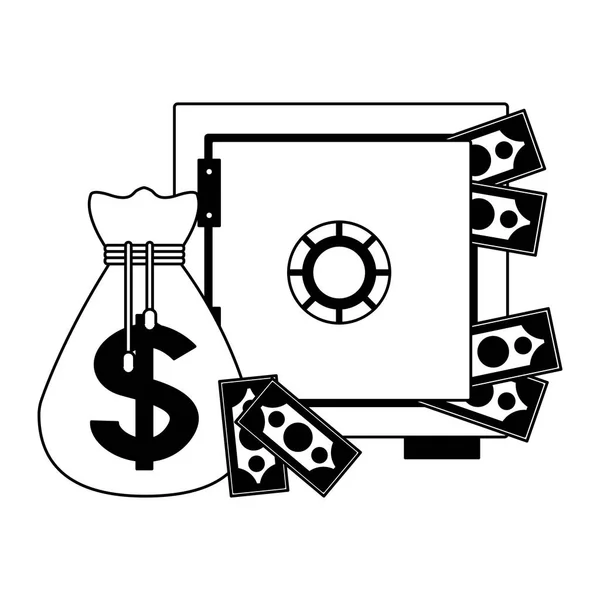 Fuerte caja y bolsas de dinero en blanco y negro — Vector de stock