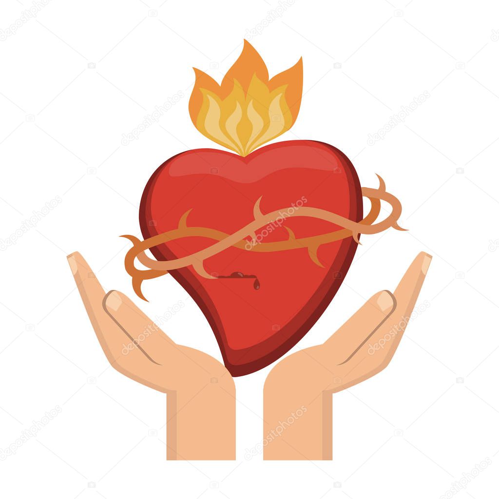 hands with sacred heart with flamme