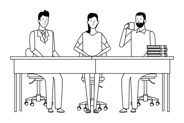 Personas en escritorio de oficina blanco y negro — Vector de stock